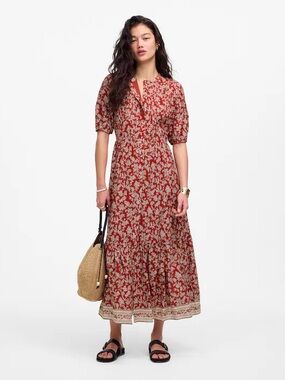 NEW MADEWELL PUFF SLEEVE PINTUCKED MIDI DRESS IN FLORAL GROUND MADDER 12
